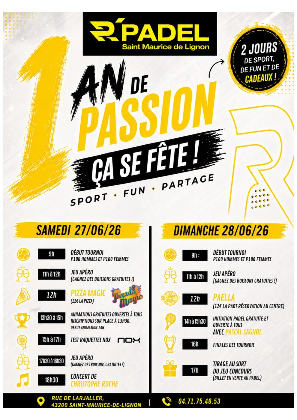 Programme 1 an R'Padel — samedi 27 et dimanche 28 juin 2026, tournoi P100, padel Haute-Loire