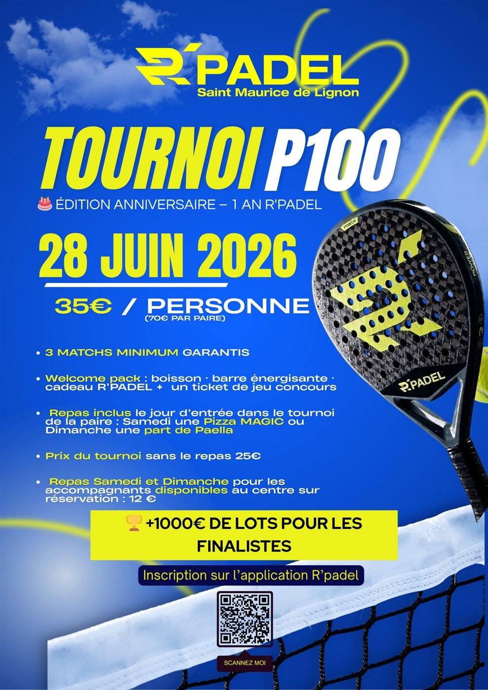 Tournoi P100 édition anniversaire R'Padel — 28 juin 2026, 35€/personne, padel 43